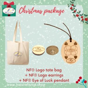 Nature Force Logo Tote bag, logo earrings and Eye of Luck symbol pendant