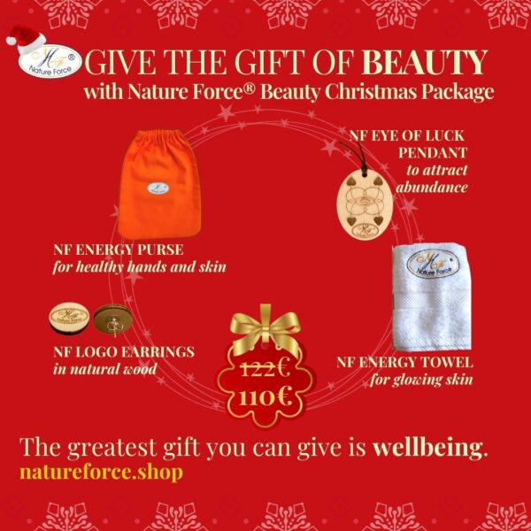 Nature Force Beauty Christmas Gift Bundle consisting of NF Energy Purse , NF Energy Towel, NF Logo earrings and NF Eye of Luck Wooden Pendant Necklace
